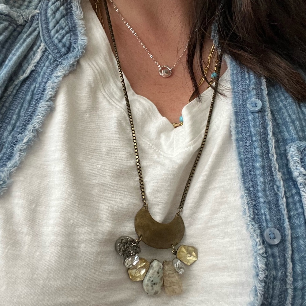 Gold Multi Stone Boho Pendant Moon Necklace